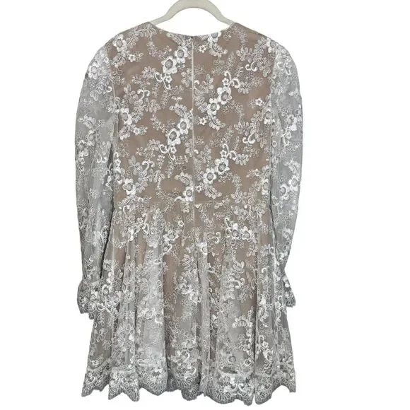 Helsi Dress Womens Medium White Lace Floral Fit Flare Long Sleeve Mini V Neck - Picture 11 of 14